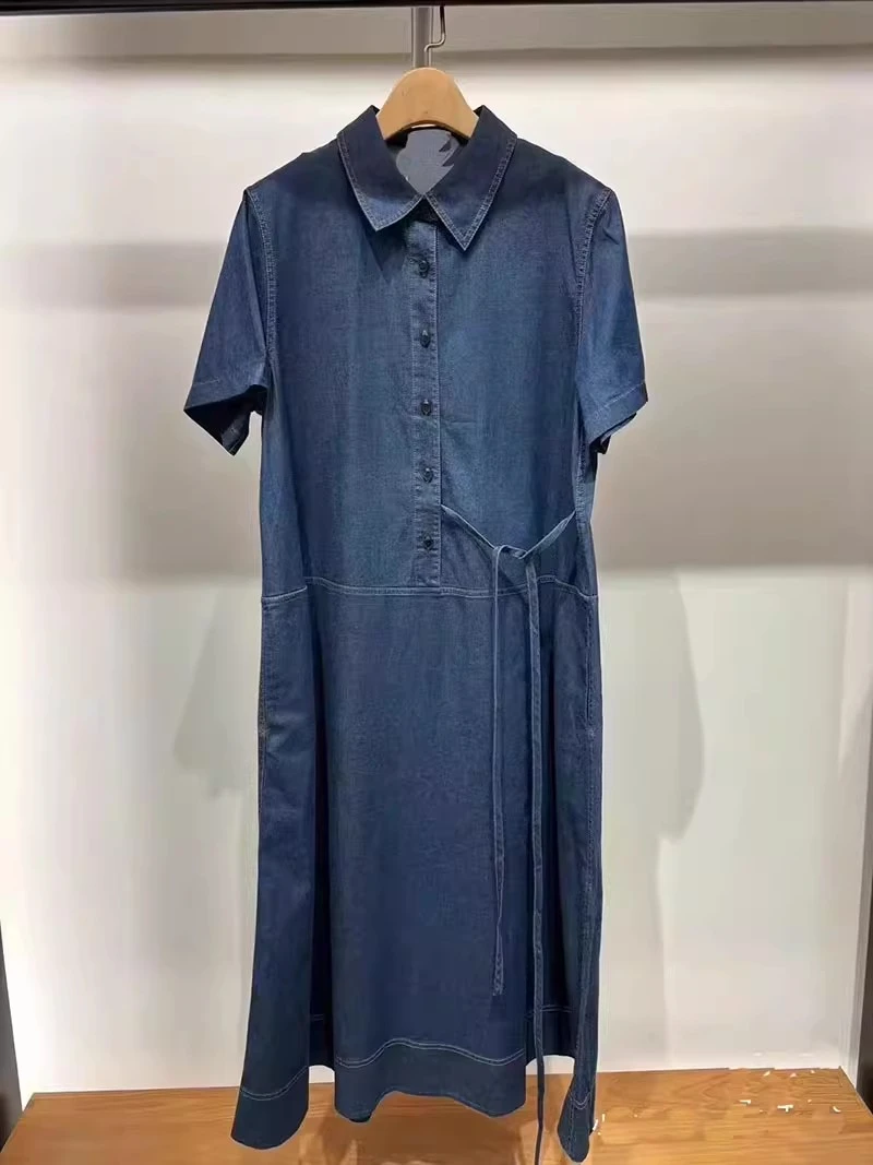 收腰斜纹蓝色牛仔布宽松气质百搭休闲连衣裙显瘦裙子C2060401