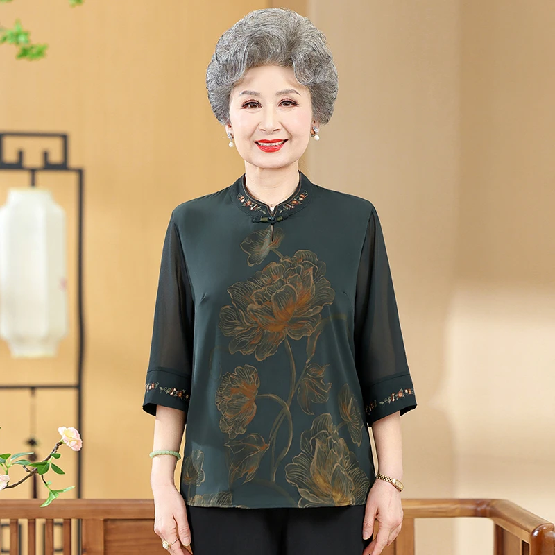 妈妈夏装洋气七分袖上衣2025新款中老年时尚T恤女士奶奶宽松小衫