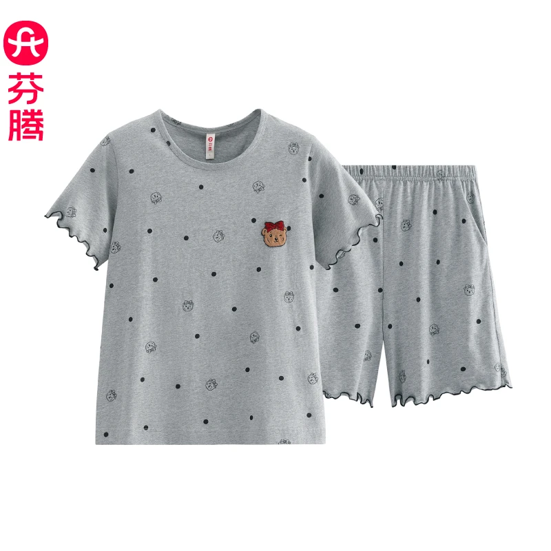 芬腾睡衣女夏季纯棉短袖短裤薄款夏天圆领全棉套头女士家居服套装