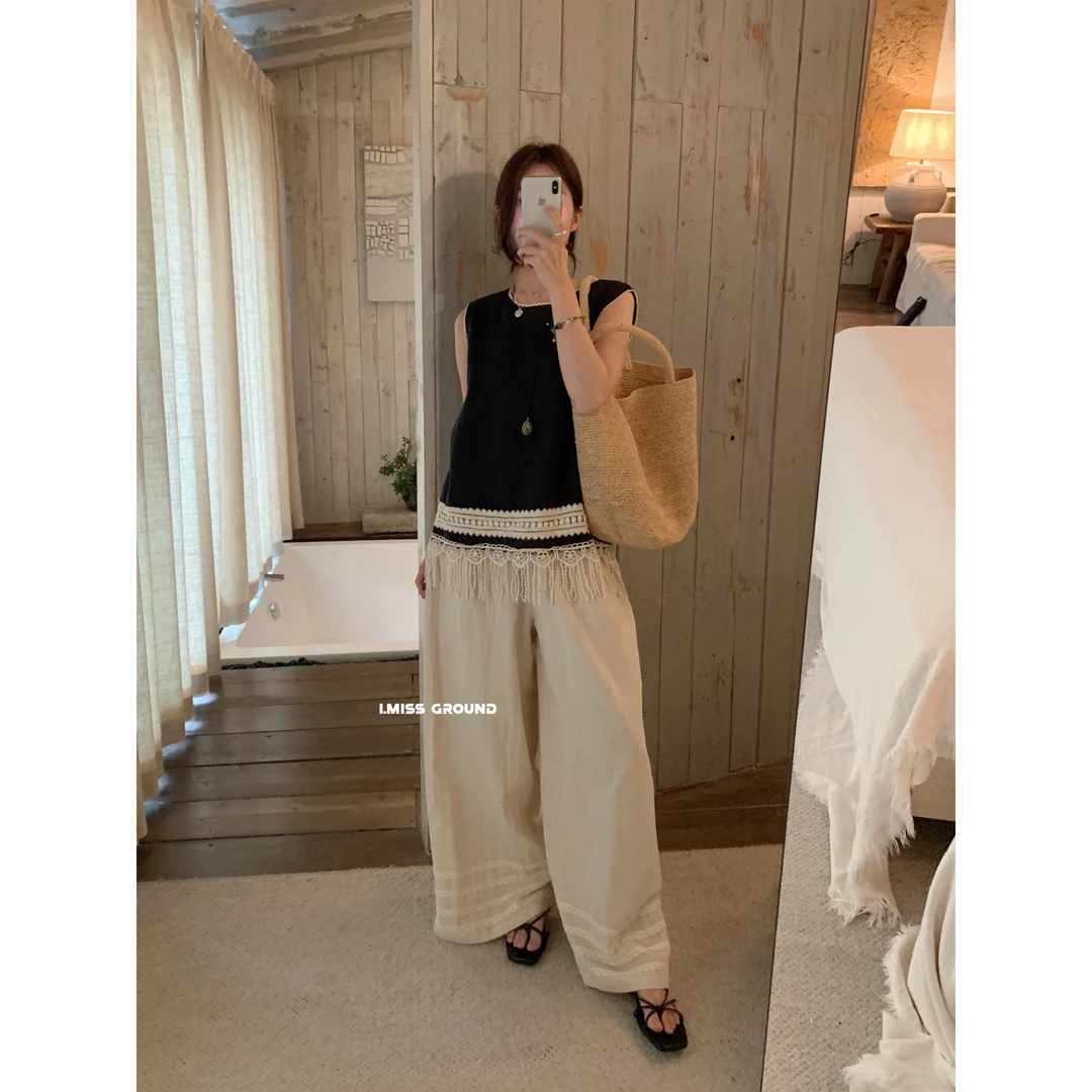 3075#『50苎麻50%天丝』气质显瘦流苏拼接上衣