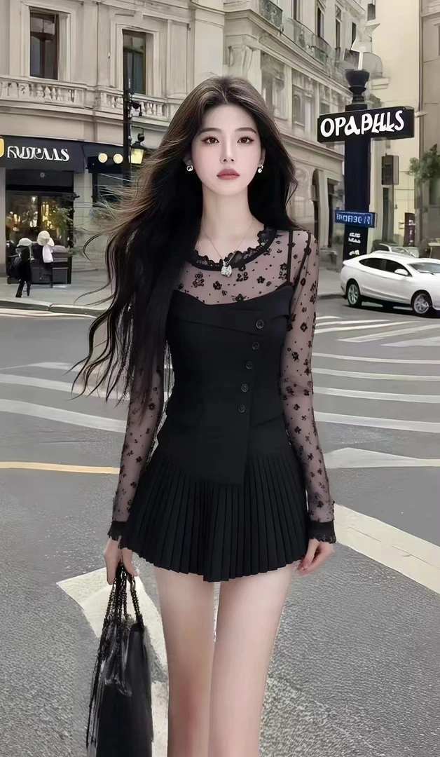 轻奢时尚高端大气休闲通勤风黑色圆领碎花长袖修身设计感连衣裙女