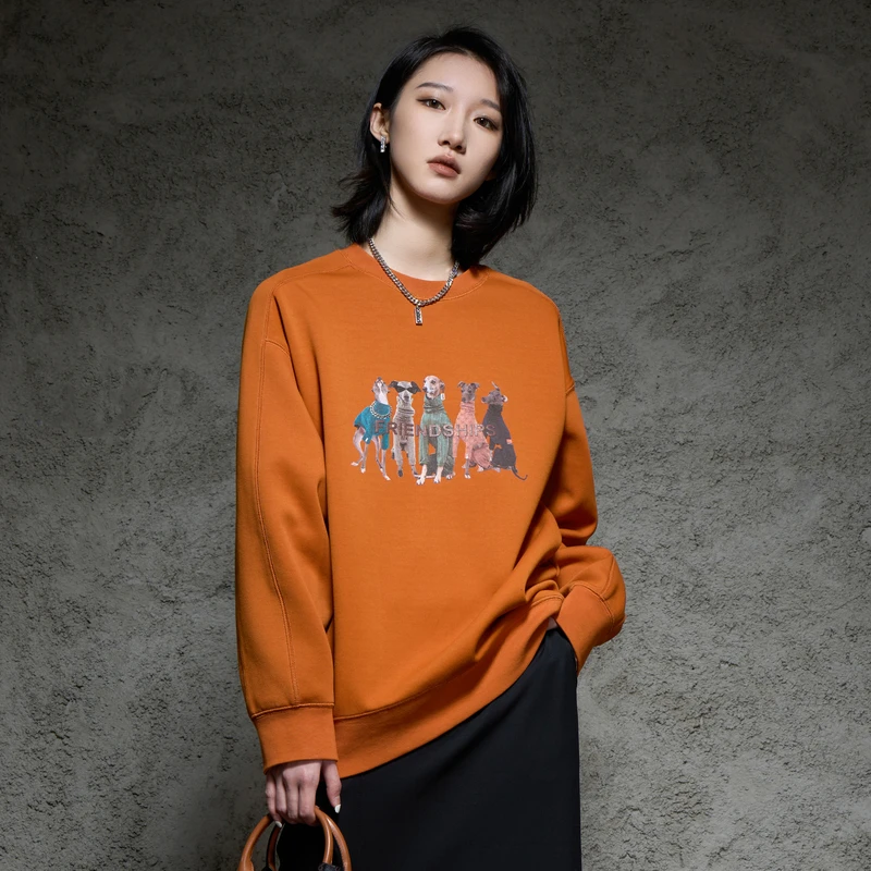 U/TI 爆款橙色卫衣女春秋宽松印花百搭显嫩时尚上衣