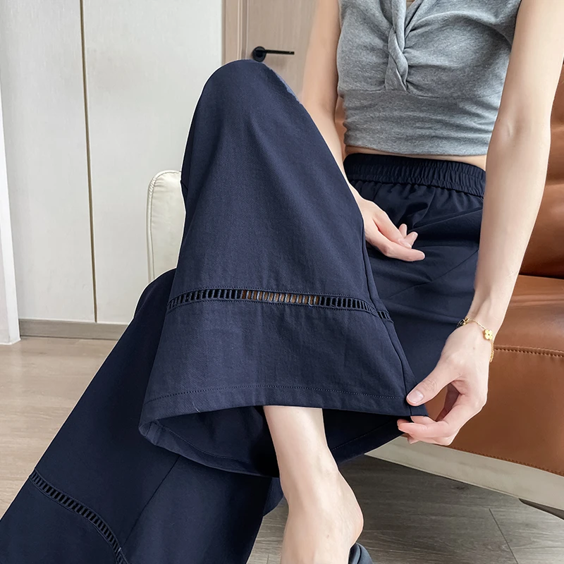 蕾丝镂空冰丝休闲阔腿裤女夏季薄款小个子八分垂感直筒宽松九分裤