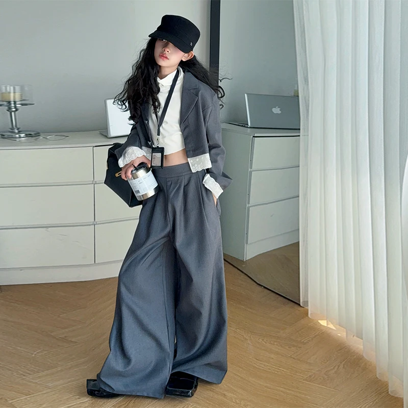 【嘻嘻柚】女童韩版洋气西服套装2025秋季拼接西装外套休闲裤两件套