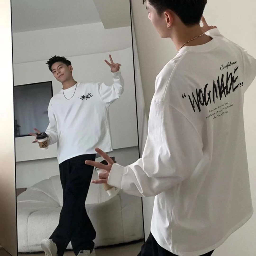 美式重磅长袖t恤男士2025新款春季宽松纯棉内搭打底衫上衣痞帅男