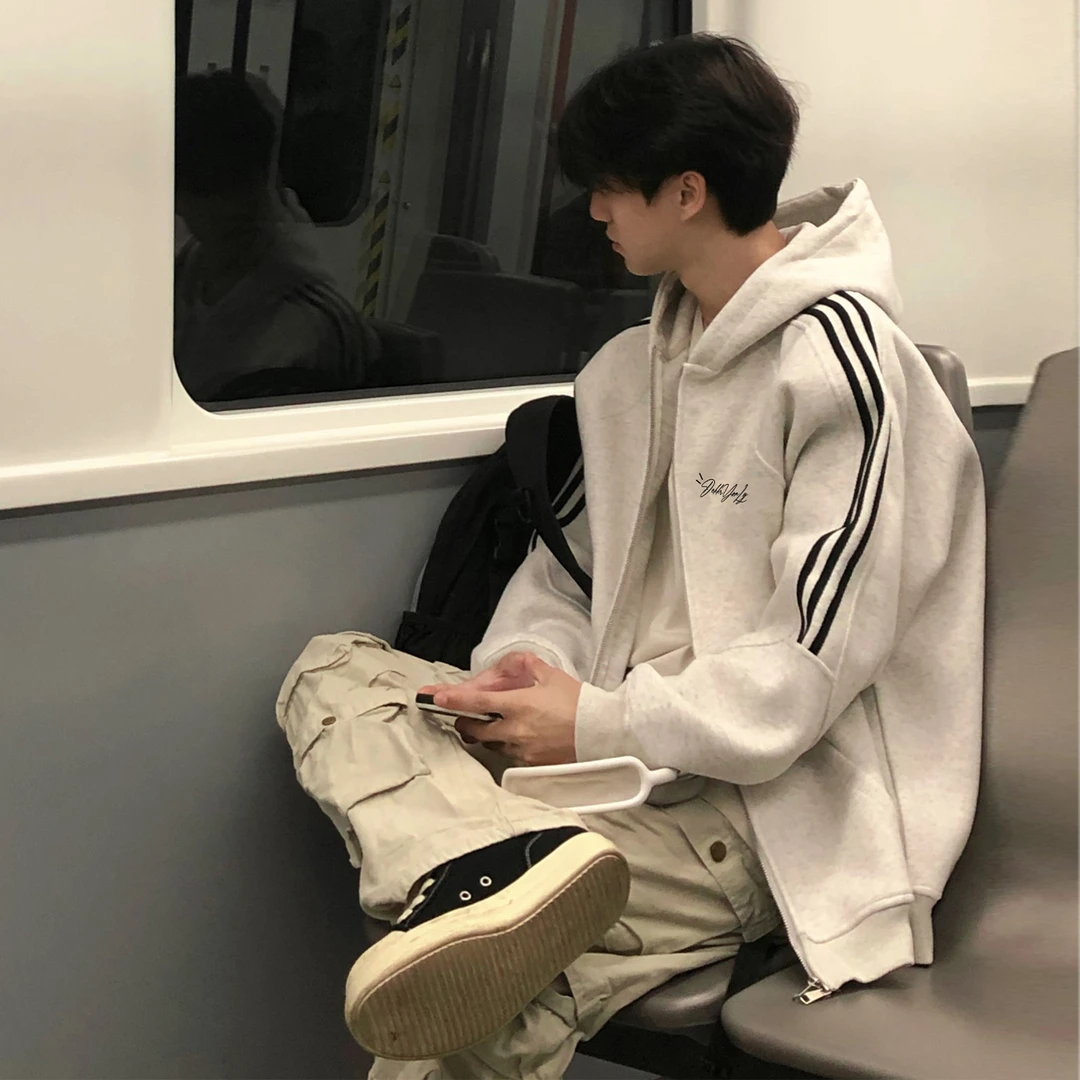美式创意简约字母印花开衫连帽卫衣男女秋冬三条杠白灰色休闲外套