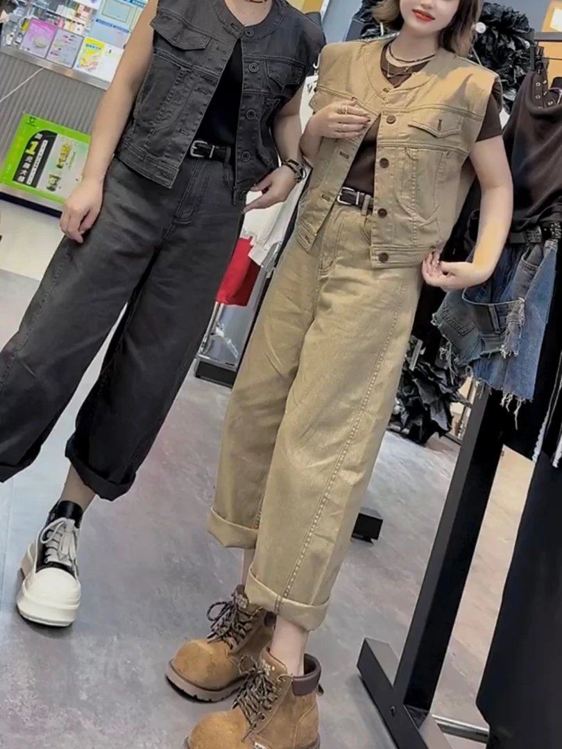 秋季新款时尚减龄牛仔套装女无袖马甲外套阔腿牛仔裤显瘦两件套