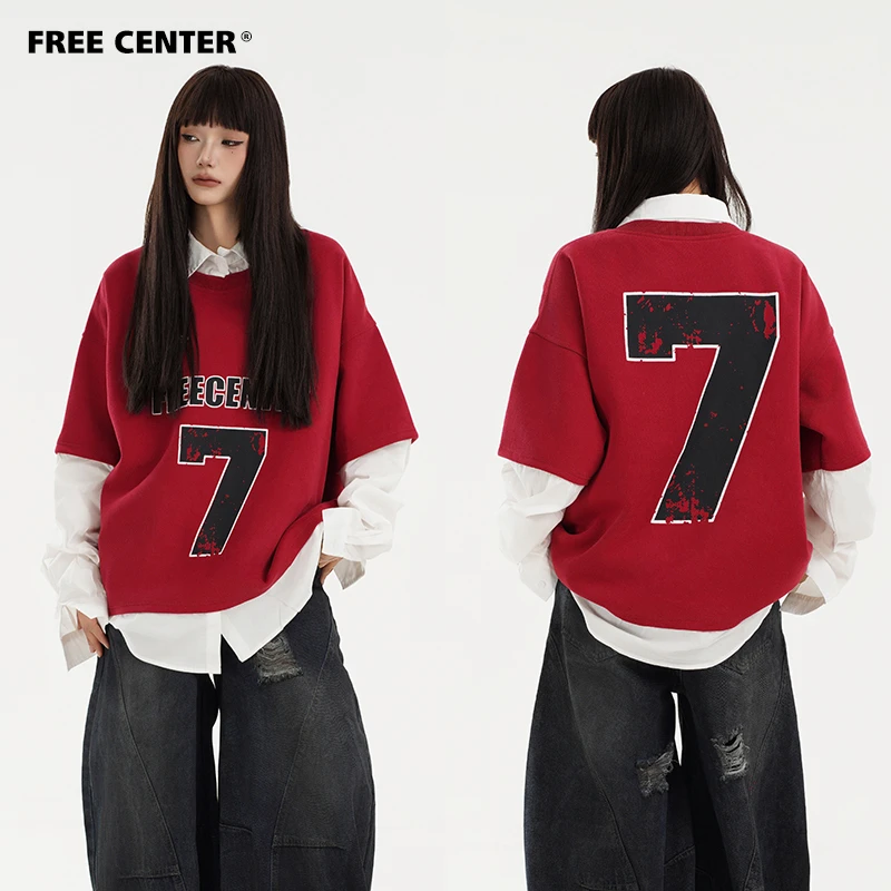 Free Center美式复古假两件卫衣男女拼接设计感宽松情侣上衣秋冬