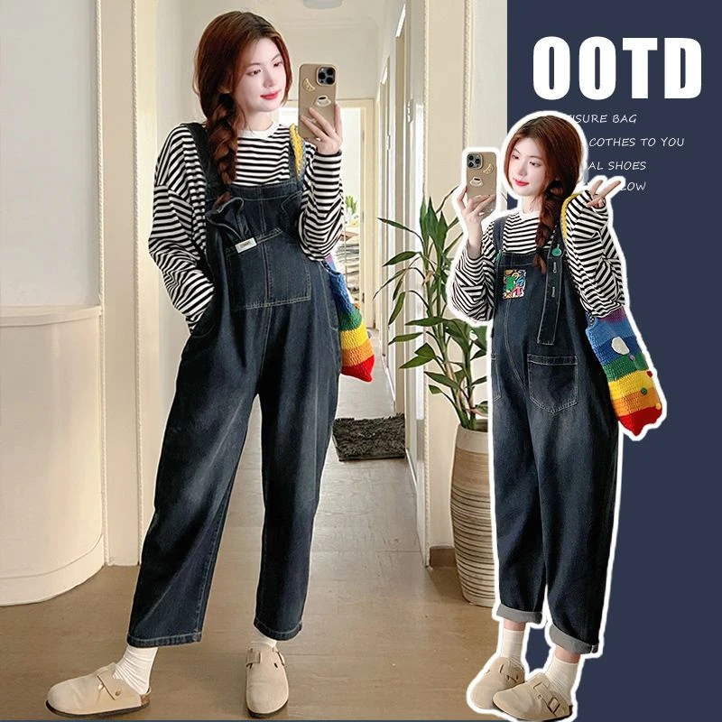 2025春秋显瘦两面穿宽松牛仔背带裤条纹上衣爆款洋气上班孕妇套装