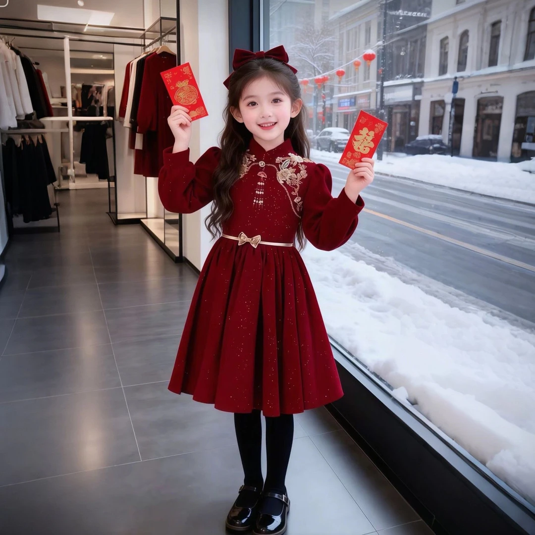 女童礼服公主裙2026秋冬新款儿童国潮红色加绒连衣裙新年拜年服潮