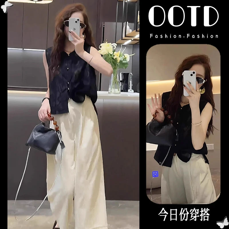 2025夏季穿搭套装女新中式国风提花薄款衬衫马甲+百搭显瘦休闲裤
