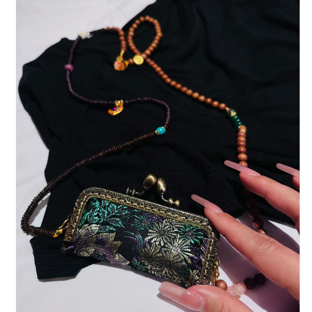 JJ.RICH 春新款新中式国风超美牡丹流行斜挎包包木质复古精美项链