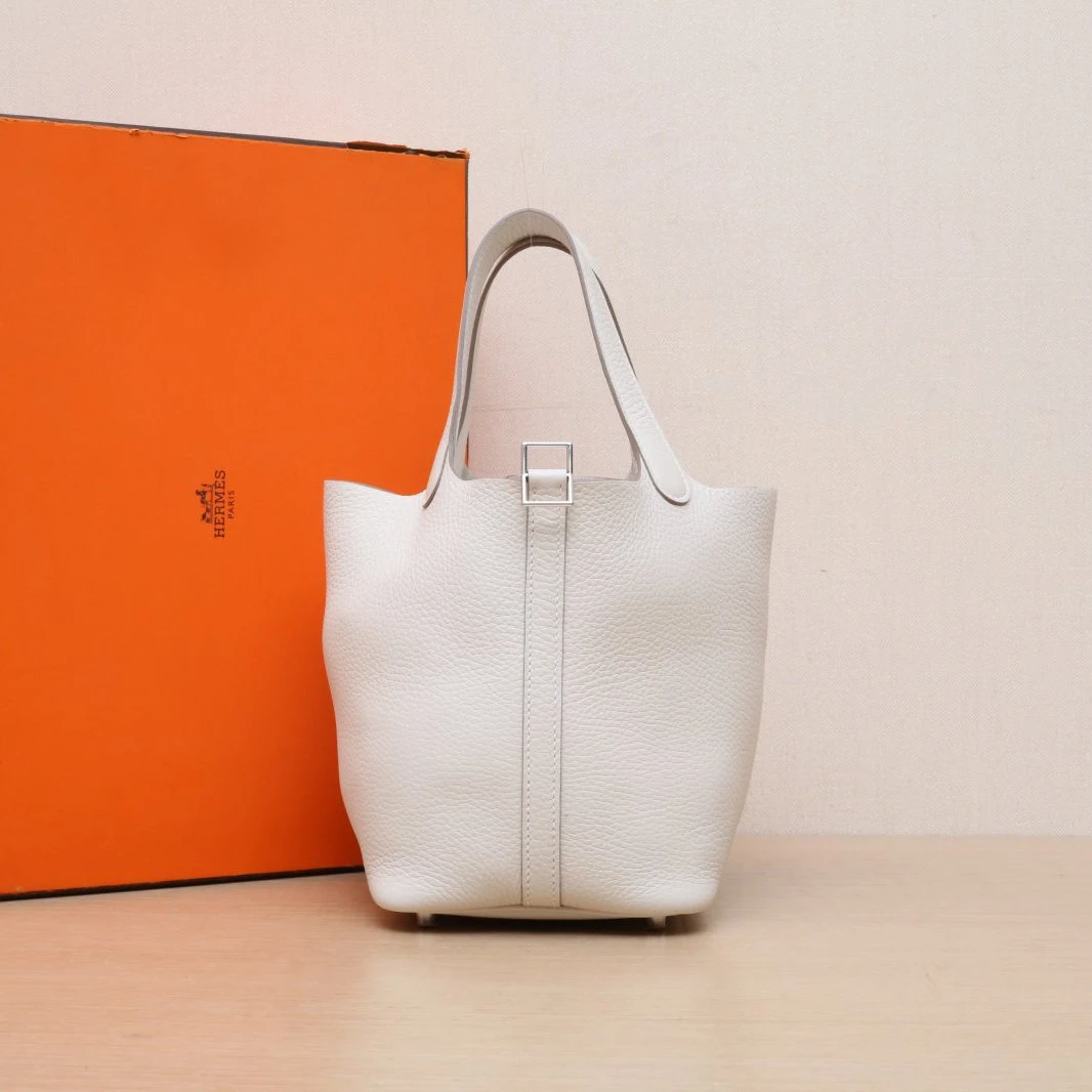 99新 Hermes/爱马仕 小花6欢 菜篮子 18 奶昔白 TC皮 K刻银扣