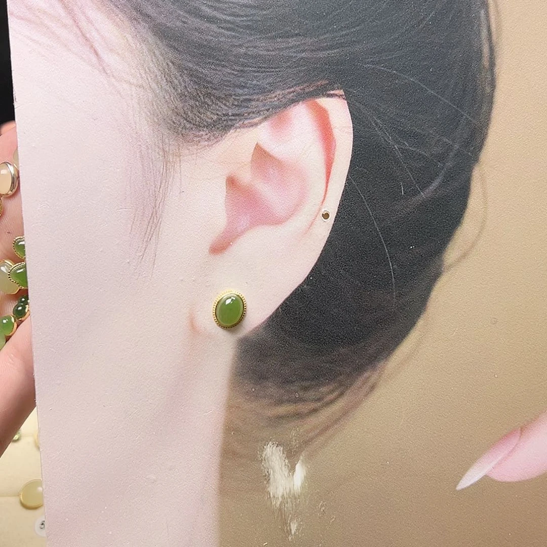 和田玉银S925镶嵌耳饰