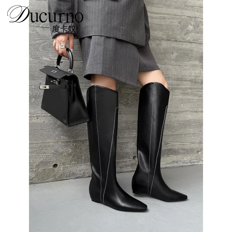 度卡奴百搭方头粗跟法式覆古真皮套筒大筒高筒长筒靴过膝长靴女