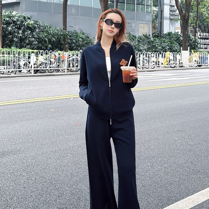 mithworld海军蓝空气层棒球领针织衫