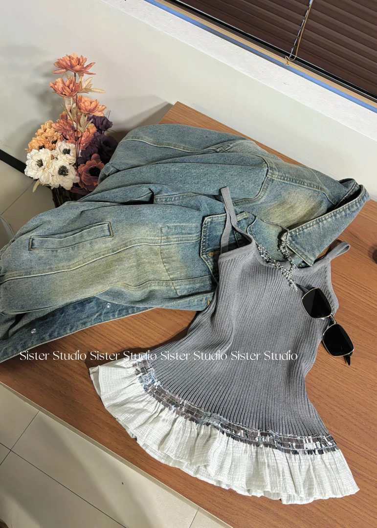 SISTER姐妹家【亮片背心】早春设计感小众修身显瘦亮片拼接针织吊带