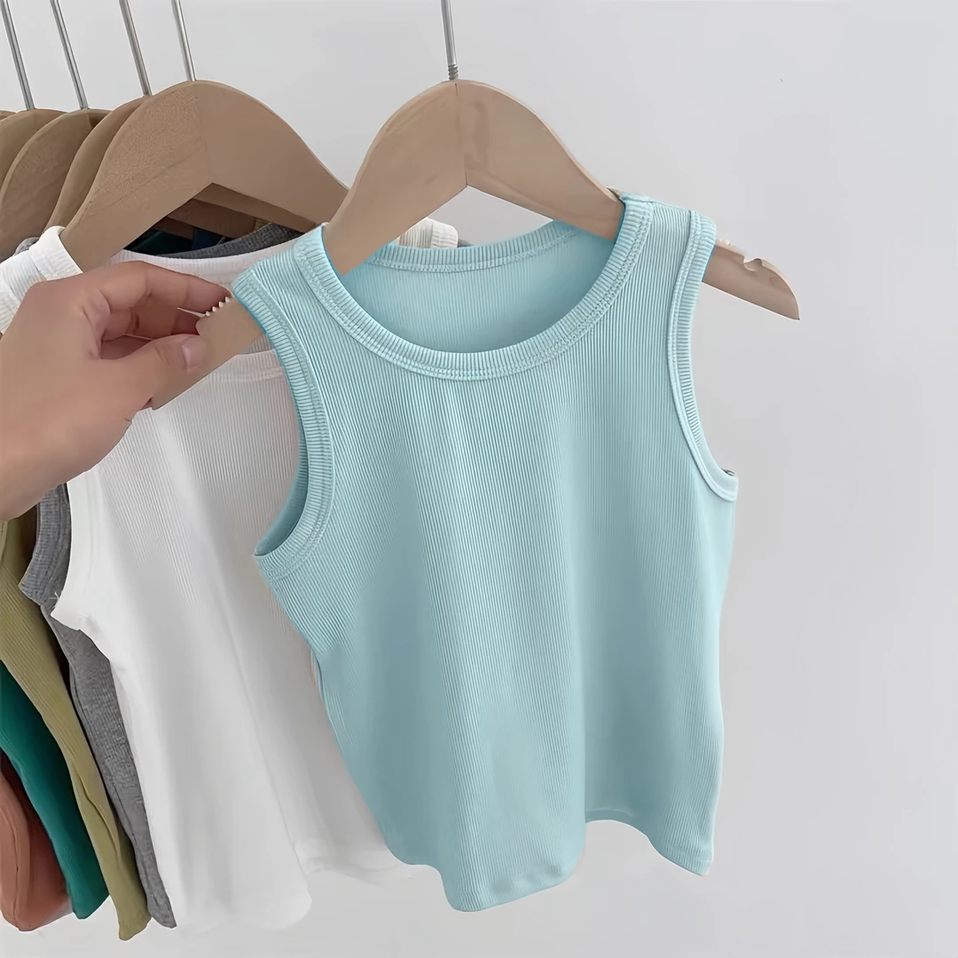 男女童装2025夏季洋气背心小中大童甜美多巴胺纯色吊带上衣简约款