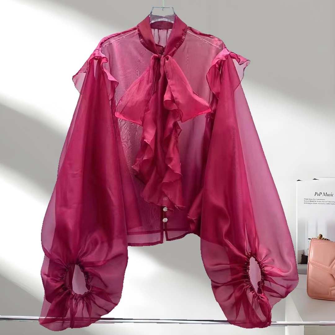 法式洋气立木耳花边单排扣宽松秋季新款蝙蝠袖衬衫花边领衬衣