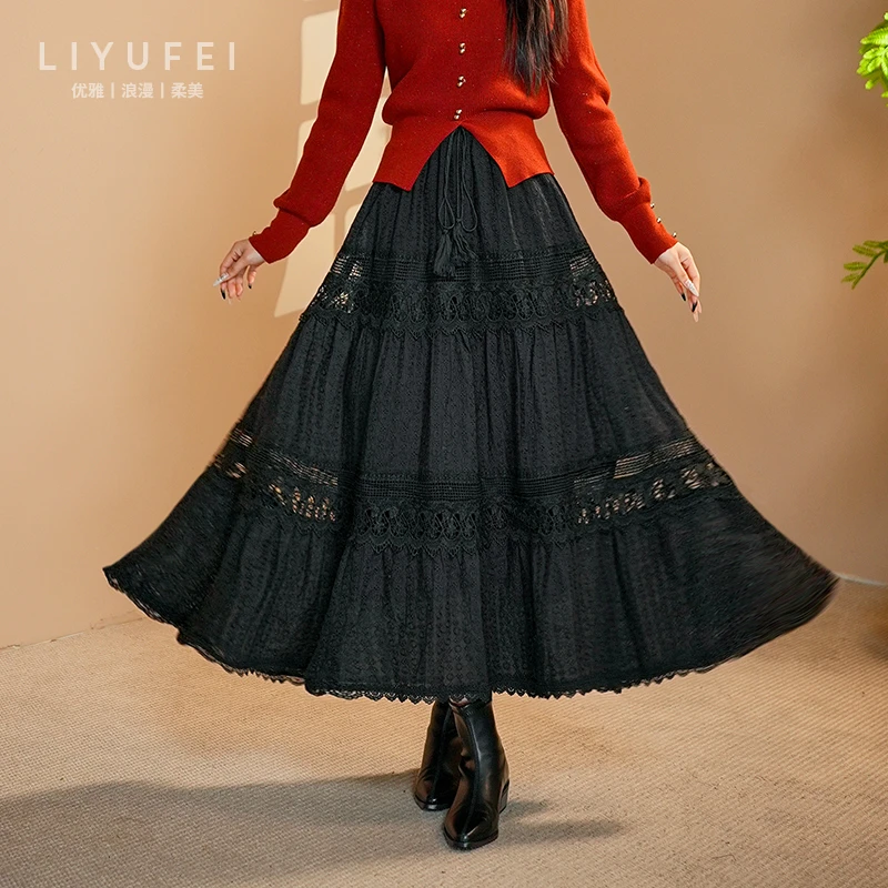 2025春季新款蛋糕裙蕾丝镂空半身裙拼接优雅柔美裙子大摆A字裙