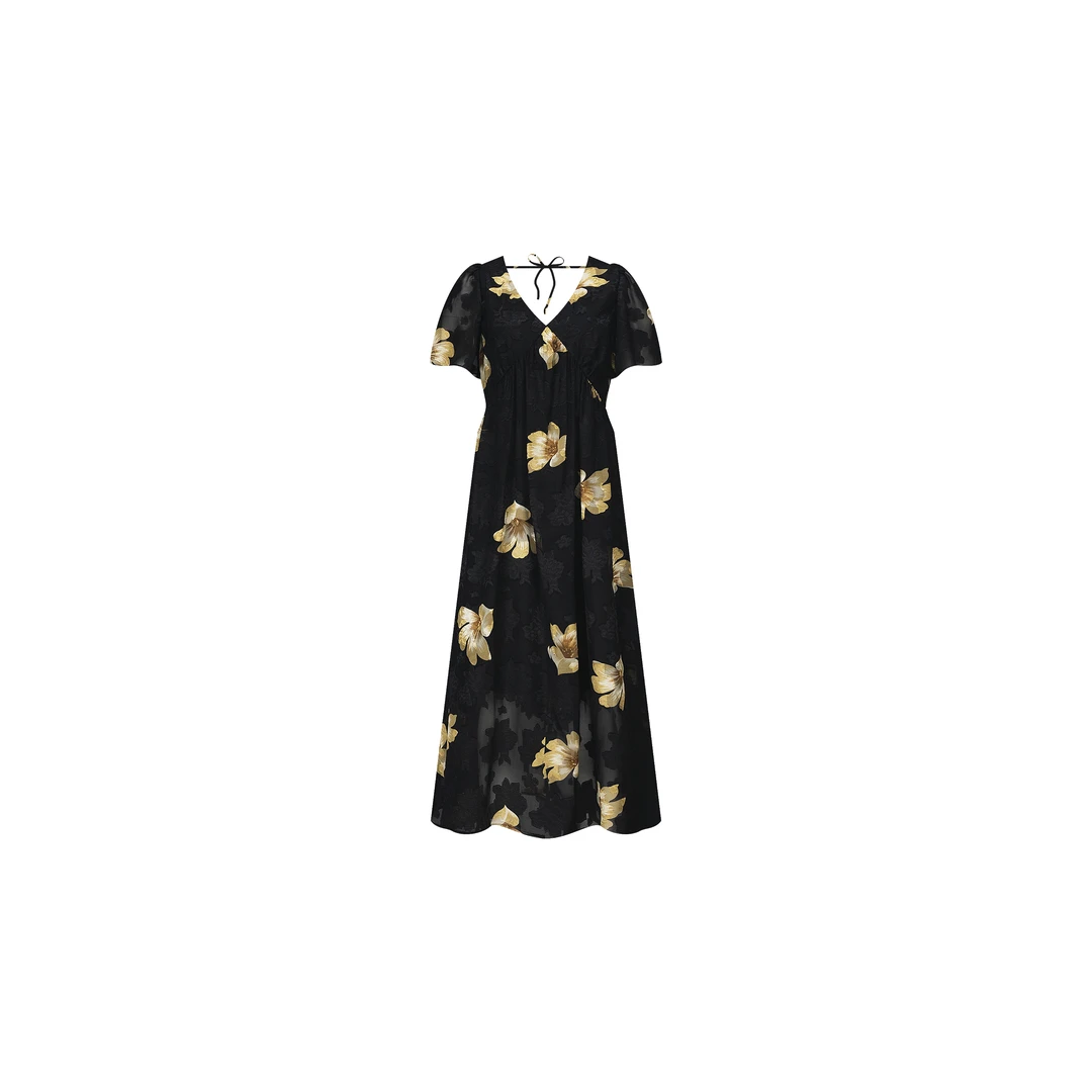 【曼陀罗黑金剪花连衣裙】复古雪纺印花显瘦V领气质长裙WT42ZLH018