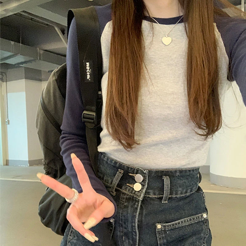 韩版ins拼接撞色正肩长袖t恤女复古洋气设计感遮肉显瘦甜辣打底衫