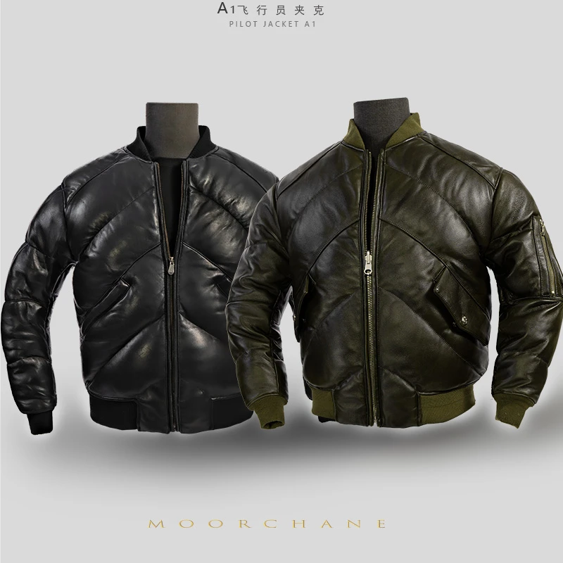 莫臣男装羊皮羽绒服冬季大码A1短款保暖棒球领真皮外套 2390