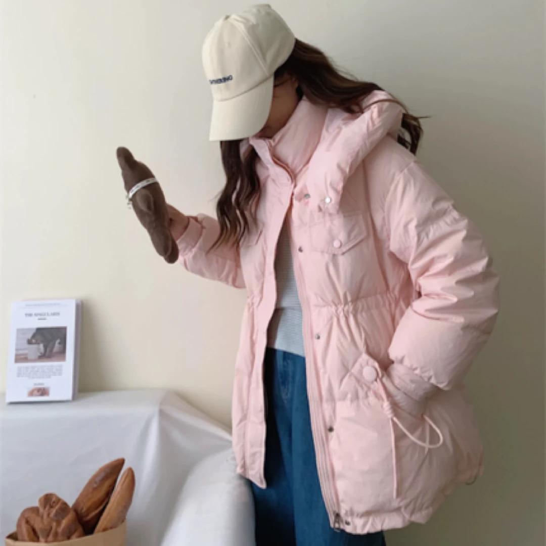 韩版东大门中长款羽绒服女连帽收腰显瘦加厚宽松鸭绒外套抽绳