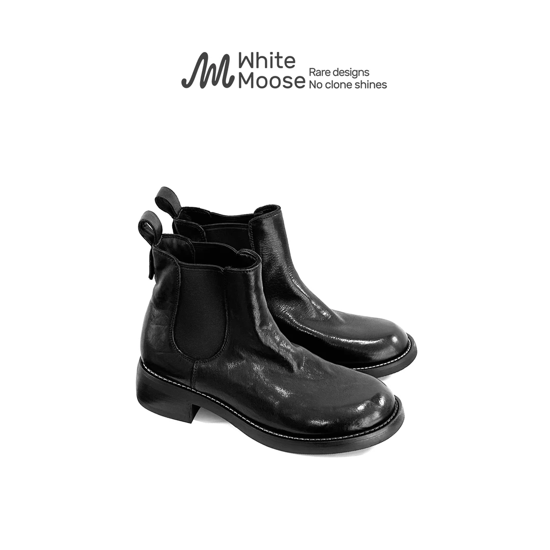 White Moose水洗马皮切尔西靴女2025新款秋冬真皮马丁靴复古靴子