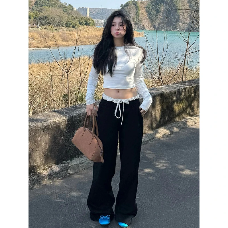 美式复古休闲裤女2025春季新款宽松显瘦直筒阔腿裤设计感黑色长裤