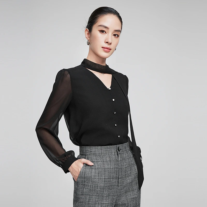 赢智尚黑色优雅飘带领时尚气质泡泡袖职场衬衣女2025春新ZE01002