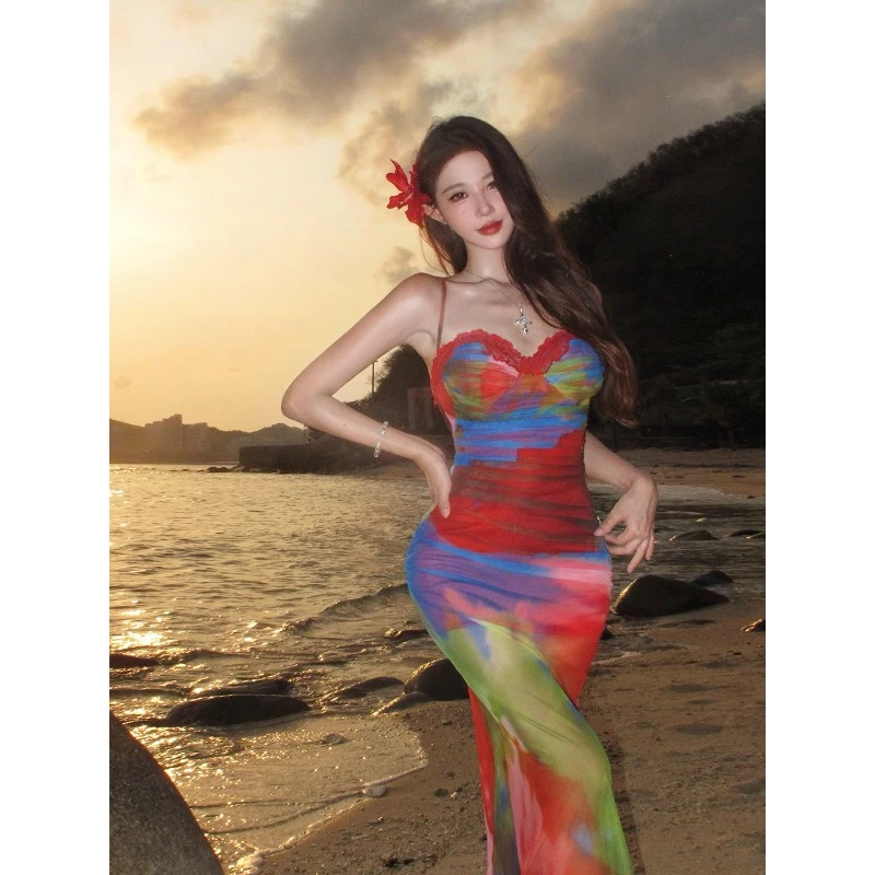 法式风情万种长裙纯欲性感网纱吊带连衣裙女紧身包臀裙海边度假风