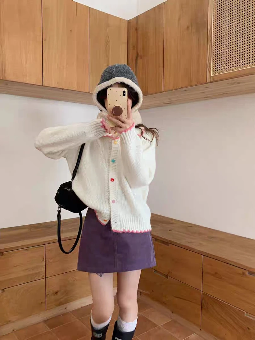 软糯甜美风娃娃领彩色扣针织开衫2025新款秋冬季宽松显瘦时尚毛衣