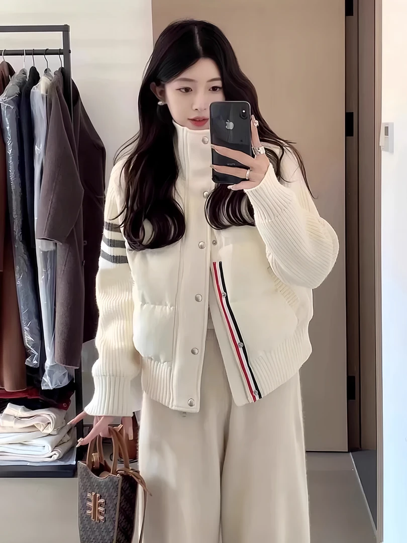 韩系小个子短款棉服女假两件冬季2025新款针织拼接设计感小众外套