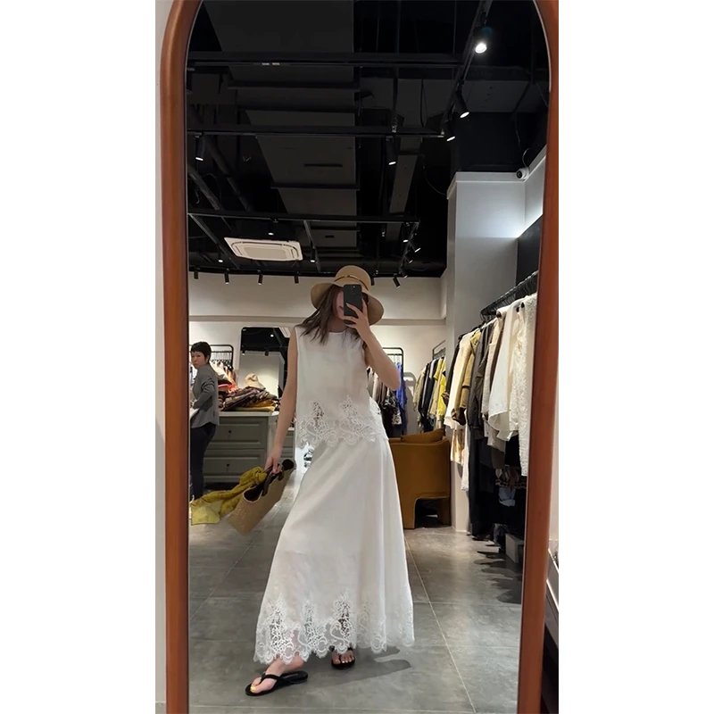 贵气时尚气质设计感无袖圆领蕾丝上衣夏季百搭显瘦半身裙短裙女