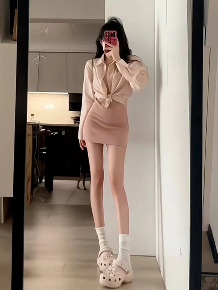 粉色衬衫式连衣裙子女款2025新款春装吊带包臀裙套装精致小姨穿搭