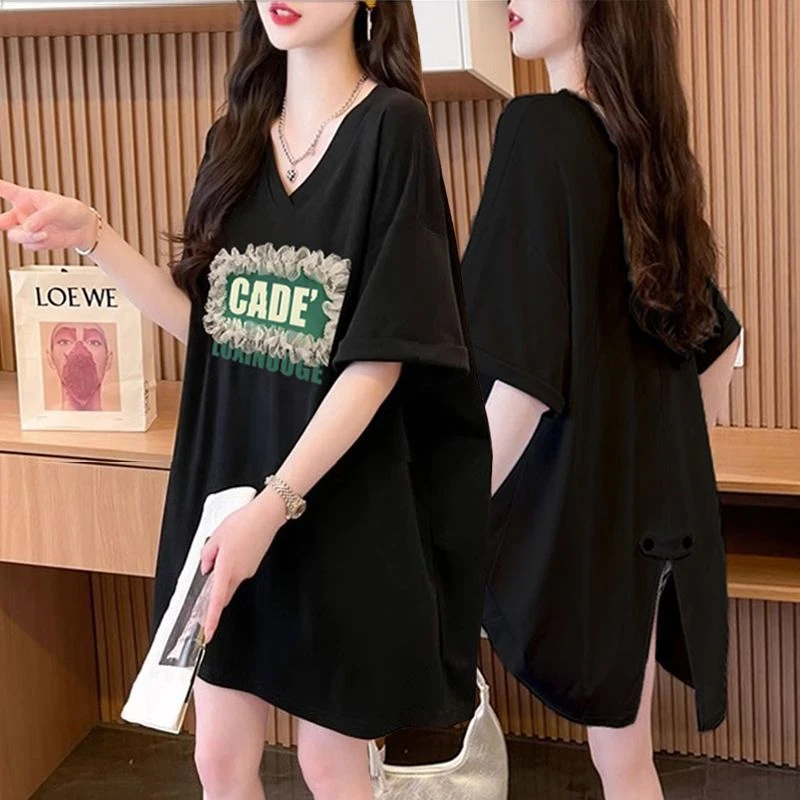 胖mm大码显瘦纯棉V领短袖T恤女夏季新款韩版中长款半袖体恤上衣服