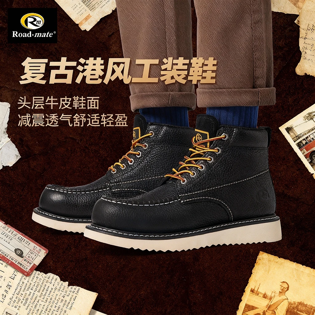 路伴男鞋牛皮复古经典马克工装鞋高帮系带英伦靴门店同款