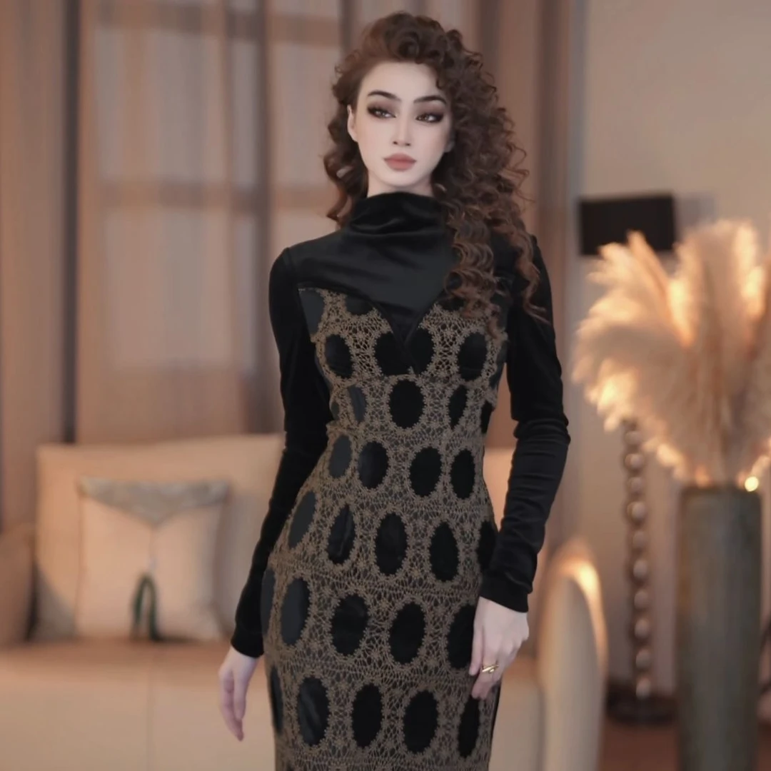 【爱妃】幽兰影秋季新款法式气质收腰显直筒尾连衣裙-YL0040