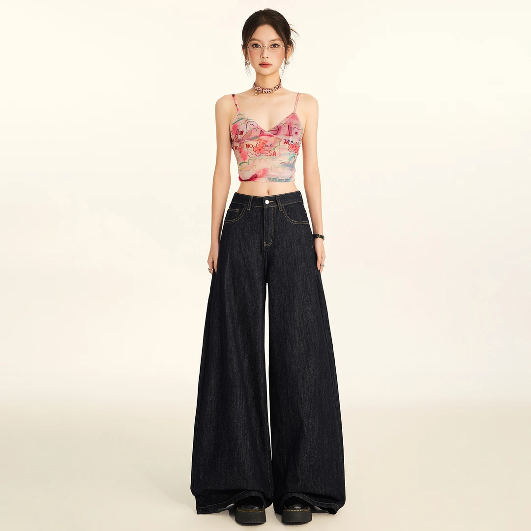 卡扎琳深蓝色阔腿复古百搭垂感宽松高腰显瘦直筒牛仔裤冬季加绒款