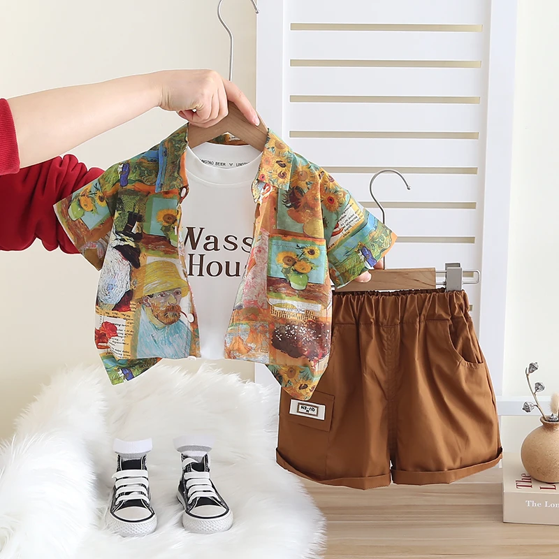 男宝宝夏装套装洋气男童夏季薄款短袖衬衫三件套休闲小童婴儿童装