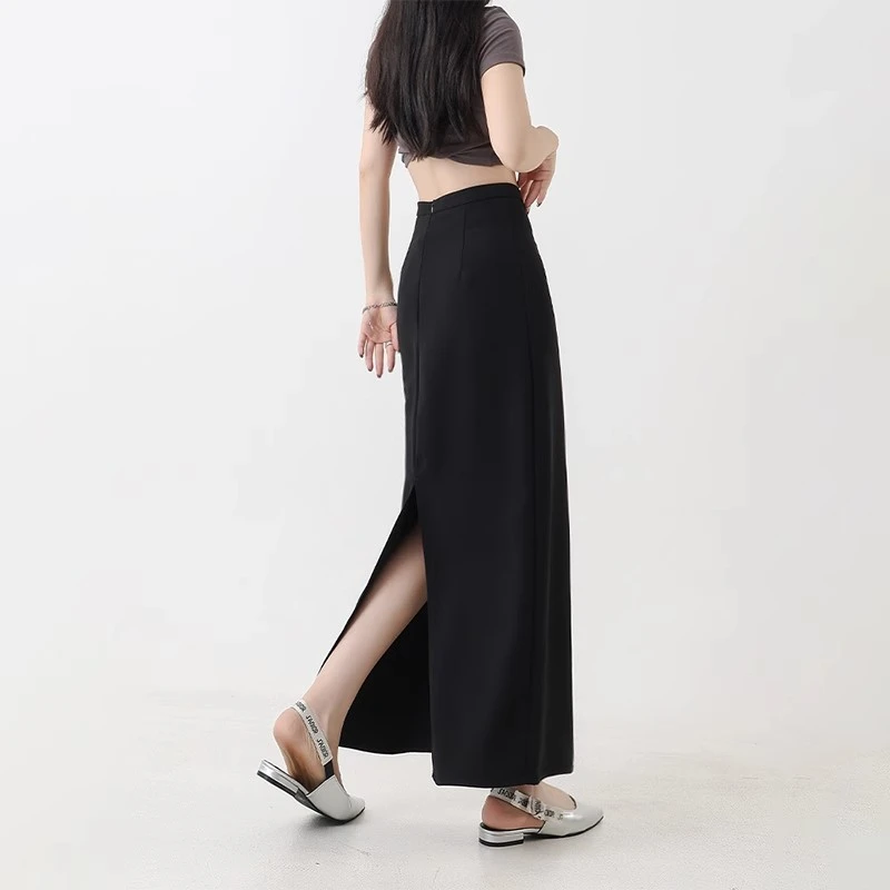 后开叉西装半身裙女2025春夏新款气质高腰显瘦黑色直筒裙半身长裙