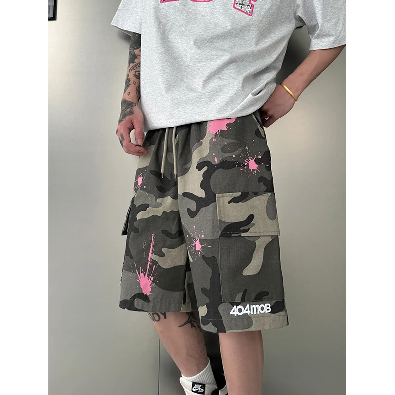 404MOB迷彩喷墨刺绣短裤男女款美式潮牌运动休闲情侣宽松五分裤子