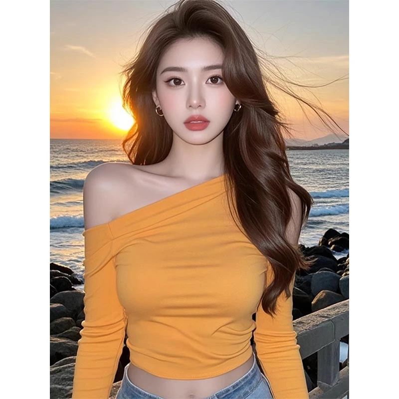 2024新款女秋气质德绒上衣纯欲修身百搭妹简约磨毛加厚露肩上衣