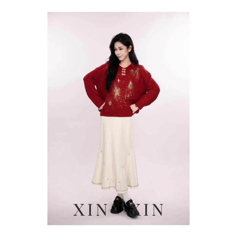 XIN XIN【金箔玫瑰 杏色】步步生莲 丝绒鱼尾摆半身裙