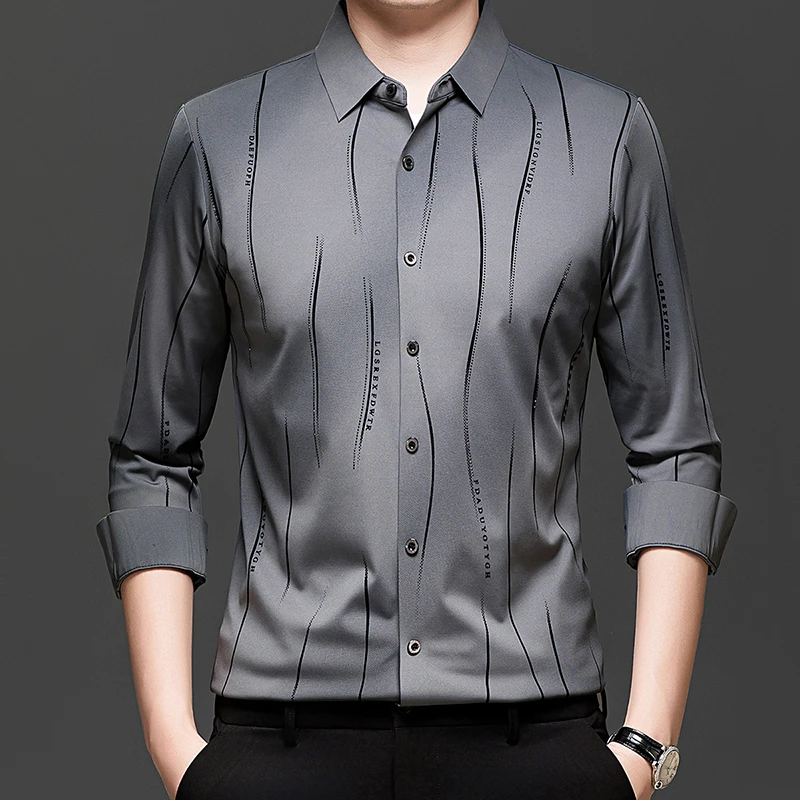 老爷车男士长袖春秋季男士渐变色斜条纹衬衫高档时尚休闲弹力无痕