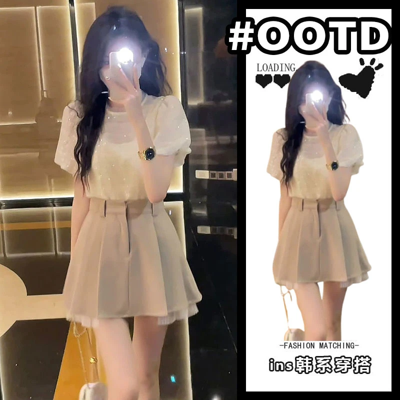 2025夏季新款小个子穿搭一整套女小众泡泡袖衬衫高腰百褶短裙套装