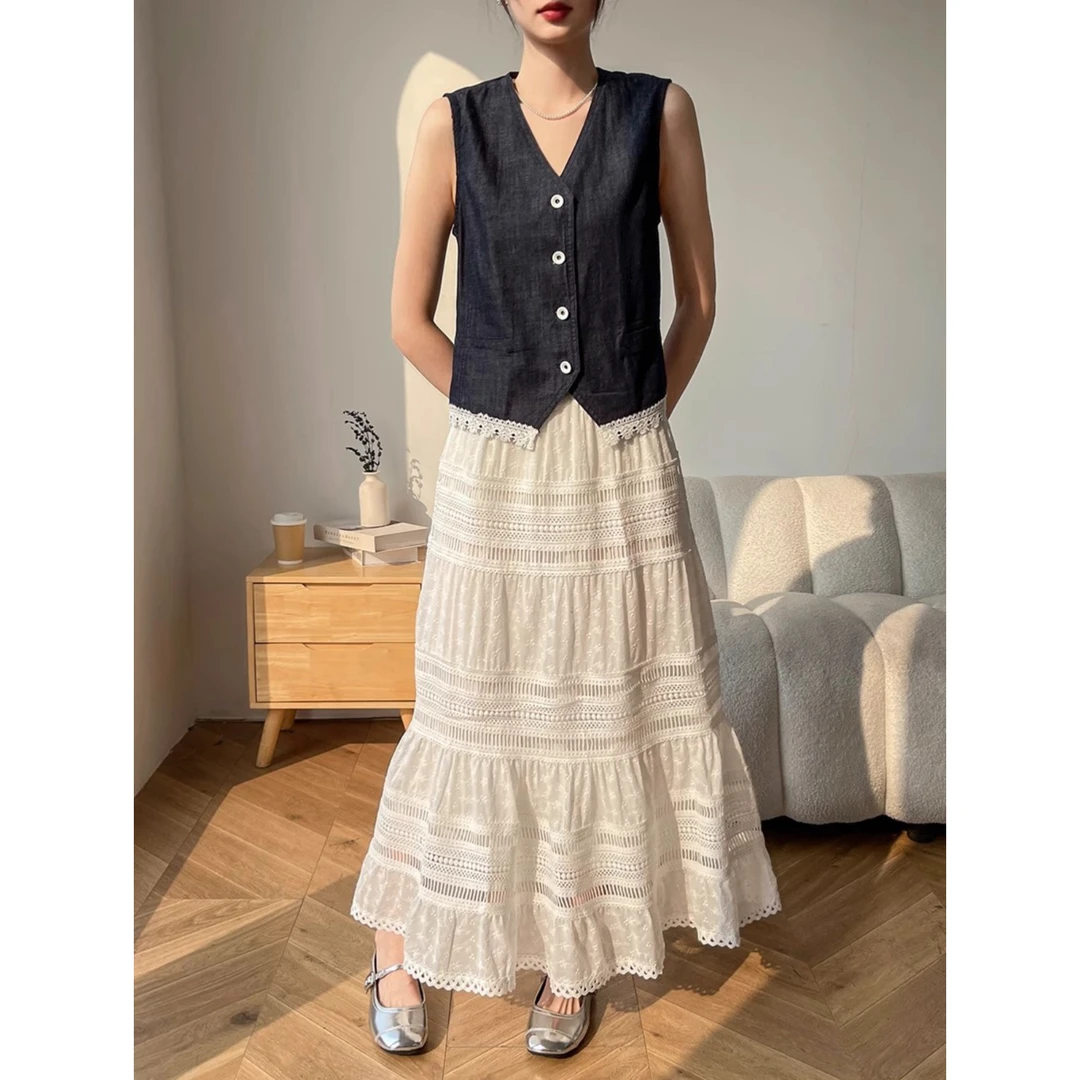 白色镂空法式半身裙女2025新款夏季高腰洋气蕾丝拼接a字长款裙子