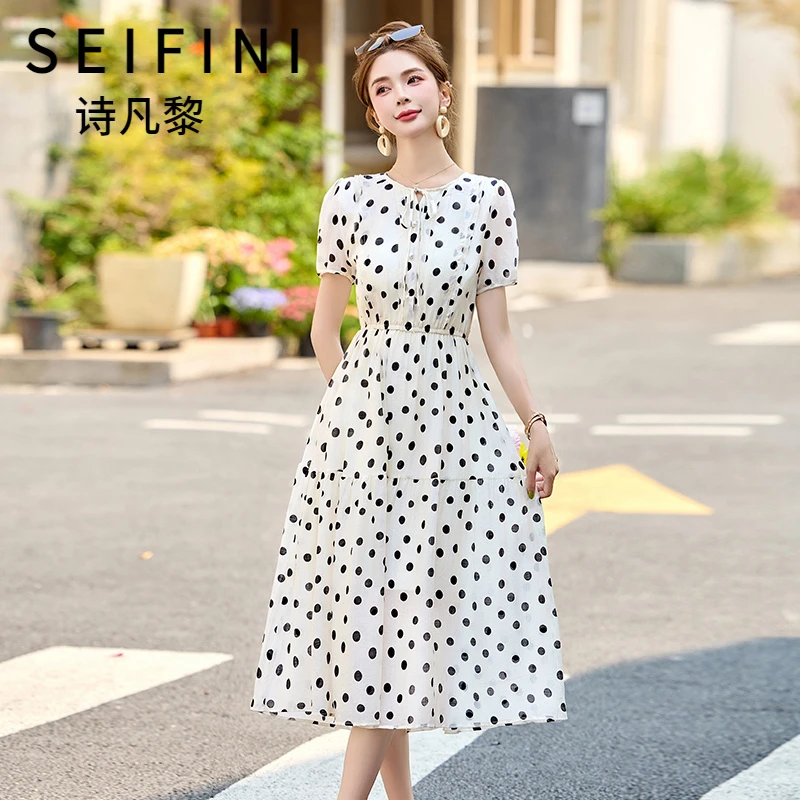 SEIFINI/诗凡黎折扣女装法式显瘦连衣裙气质收腰波点长裙优雅裙子