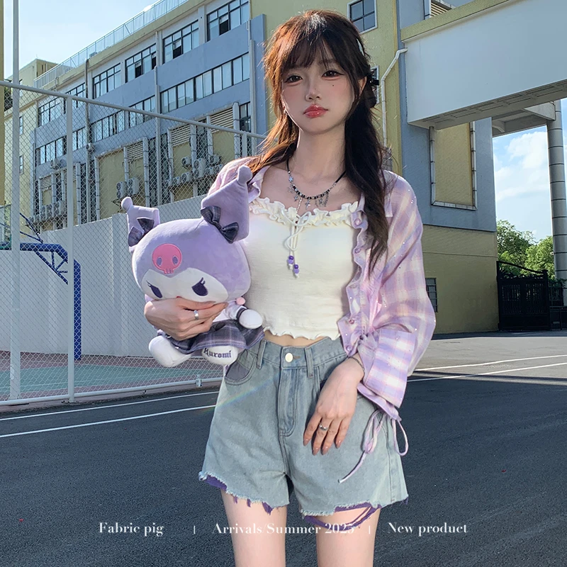 芋泥方格 织物猪原创 紫色抽绳格子长袖衬衫女夏吊带做旧牛仔短裤